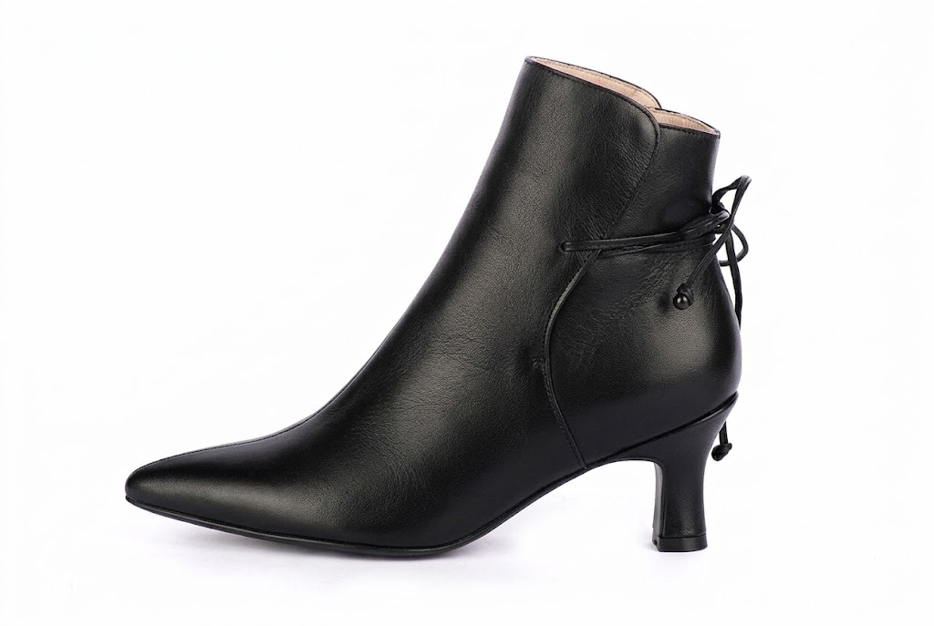 Feminine back lace-up ankle boots featuring romantic corset-style ties, designed for a striking silhouette from day to evening, in black leather with almond toe and mid spool heel - Florence KOOIJMAN